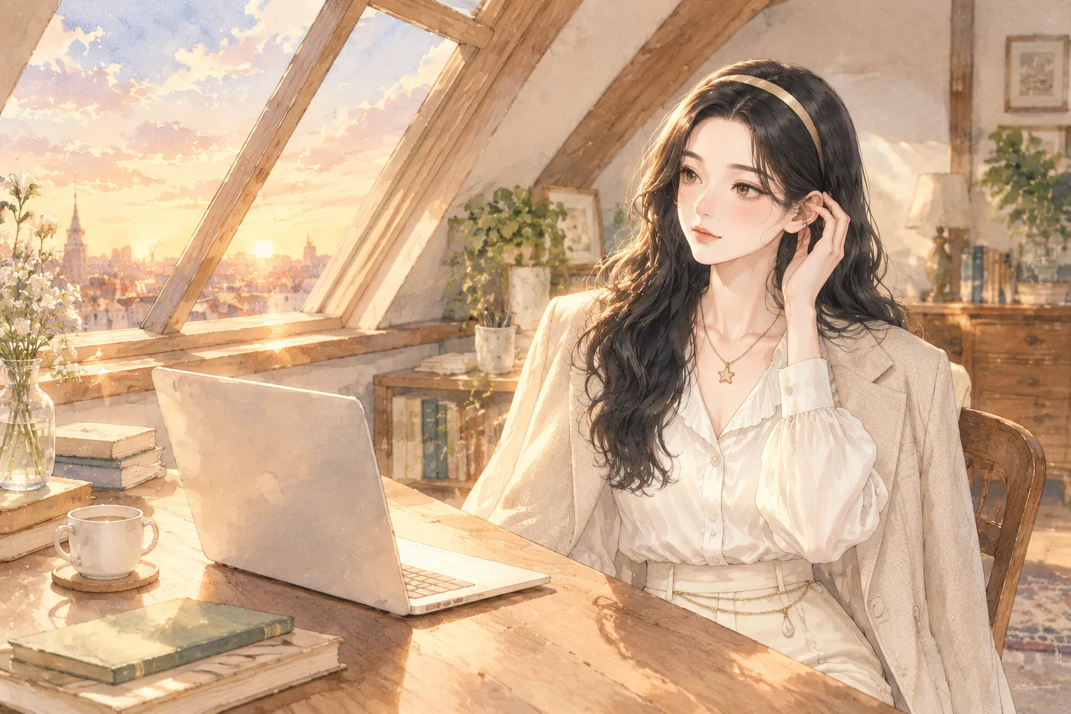 傍晚，夕阳洒进阁楼，白艾莉坐在书桌前，一边听着一边陪你把事情往前推