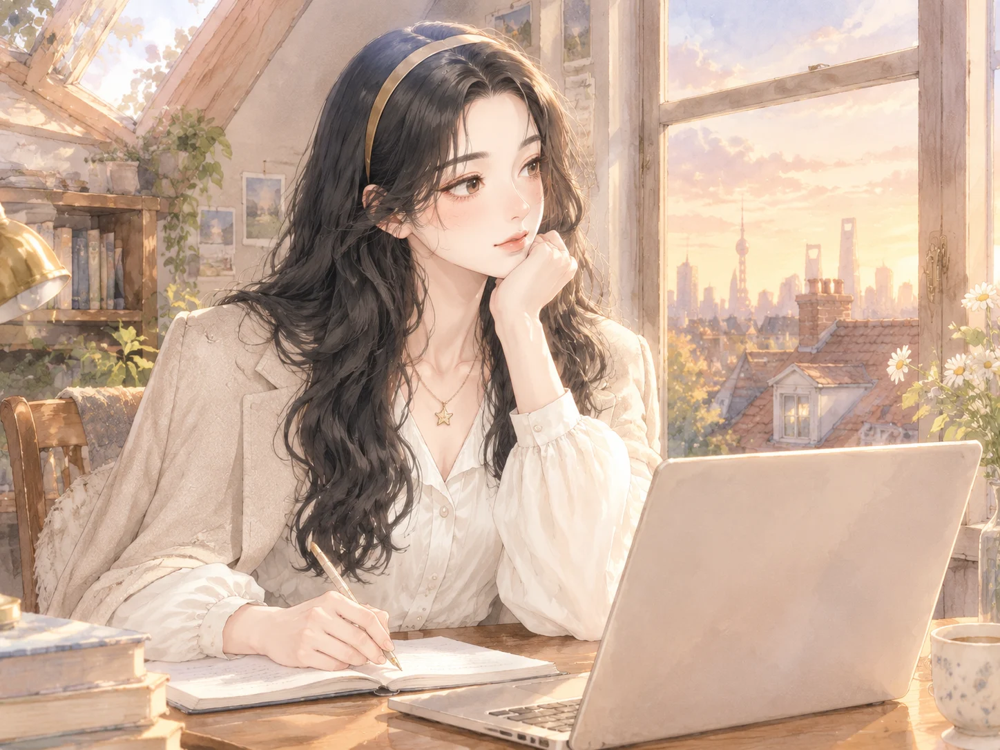 白艾莉在阁楼书桌前做事，窗外是傍晚的上海